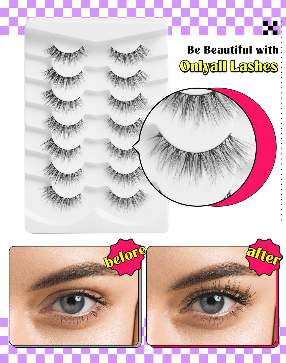 Onlyall weightless fiber lashes feel airy and comfortable all day.