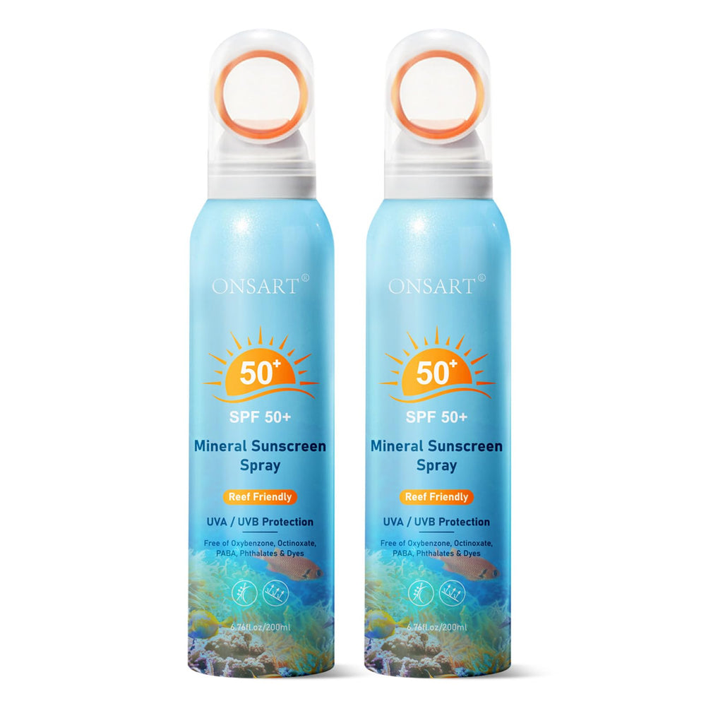 ONSART reef-safe sunscreen spray on face and body delivering broad coverage.
