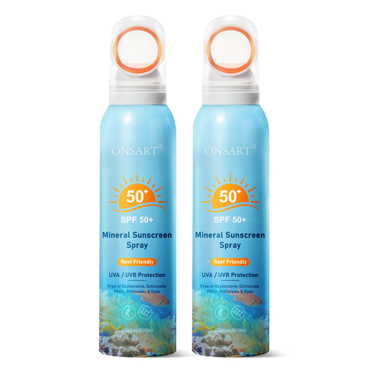 ONSART reef-safe sunscreen spray on face and body delivering broad coverage.