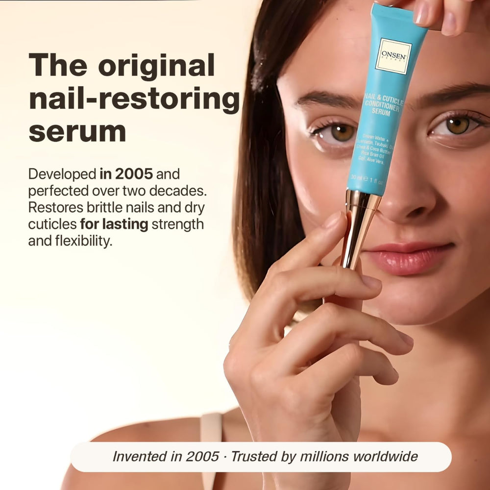 Aplicación de Onsen Secret en uñas y cutículas para cuidado rápido.