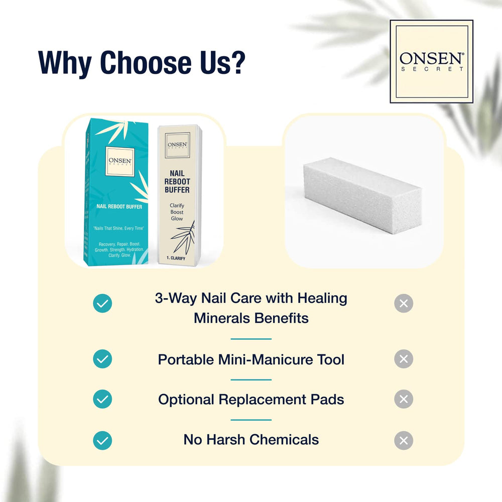 Onsen Secret nail buffer block after-use shine highlights glossy natural nails.