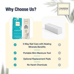 Onsen Secret nail buffer block after-use shine highlights glossy natural nails.