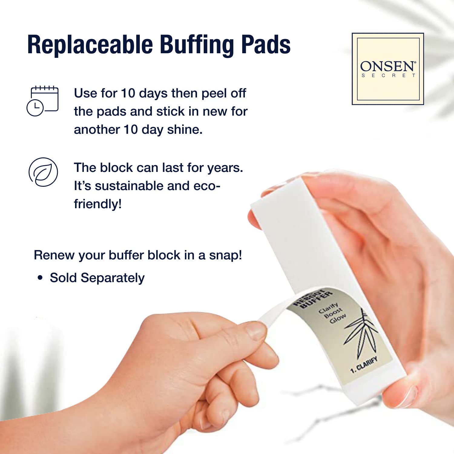 Onsen Secret buffer block packaging indicates sustainable use and included extra pads.