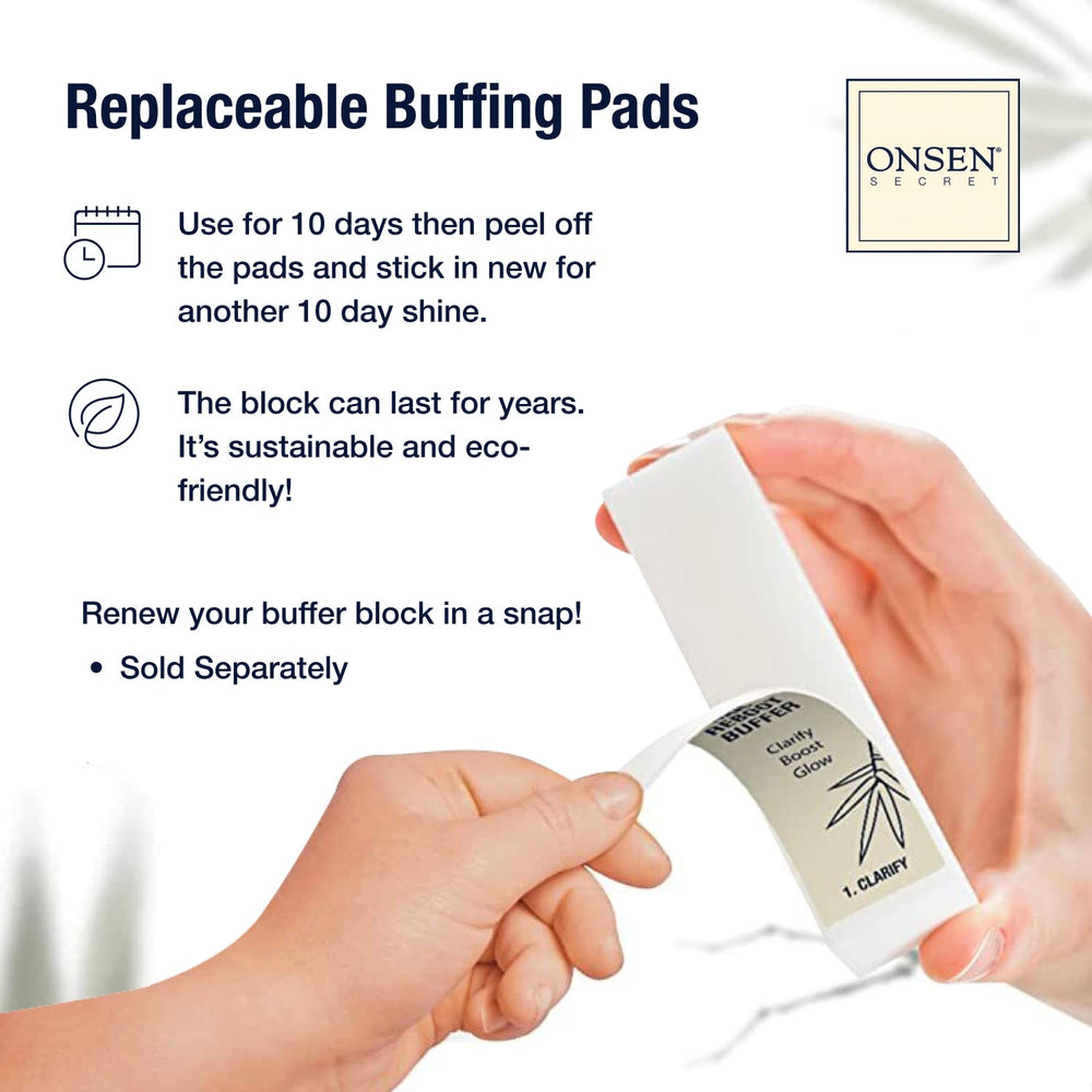 Onsen Secret buffer block packaging indicates sustainable use and included extra pads.