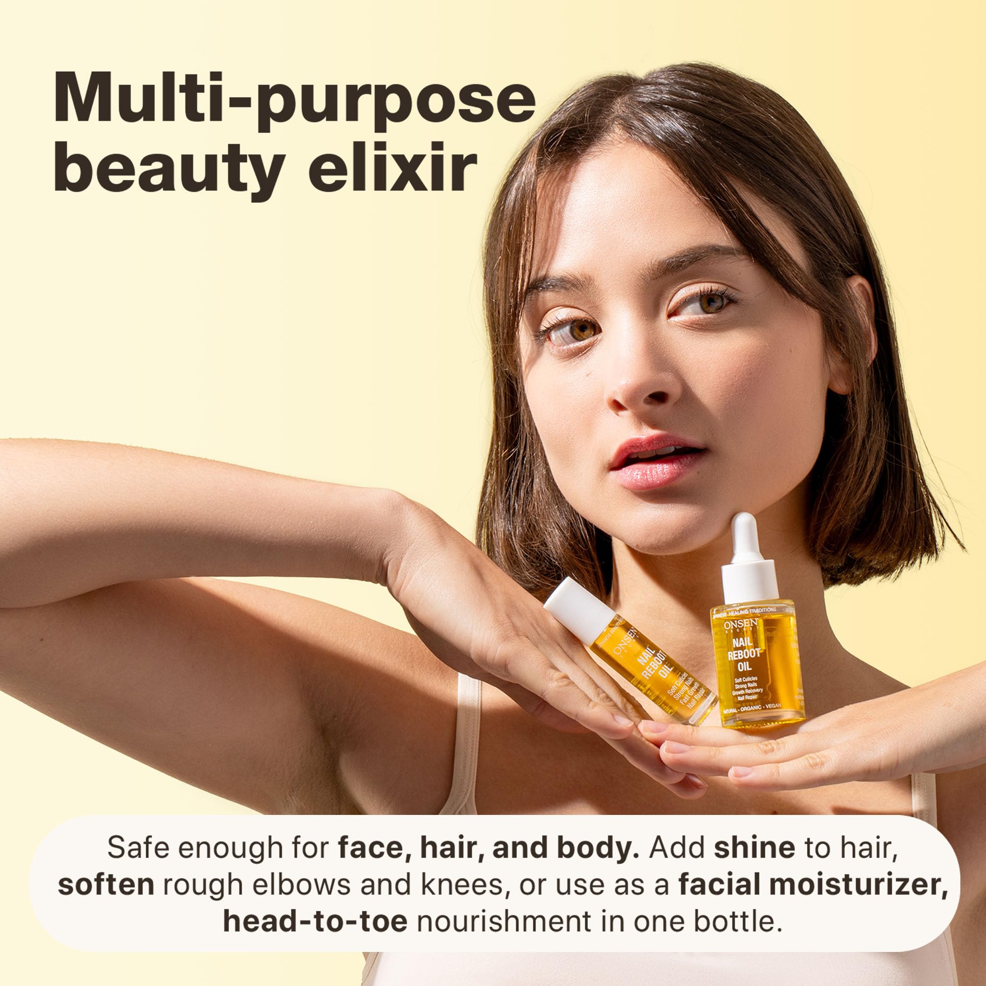 Envase compacto y diseño limpio del aceite Onsen Secret.