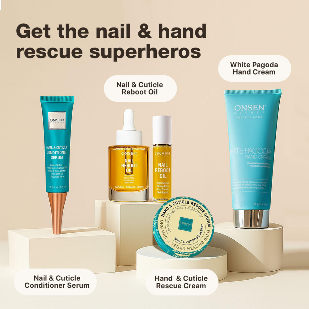 Rutina de cuidado de manos con aceite reparador de uñas y cutículas Onsen Secret.
