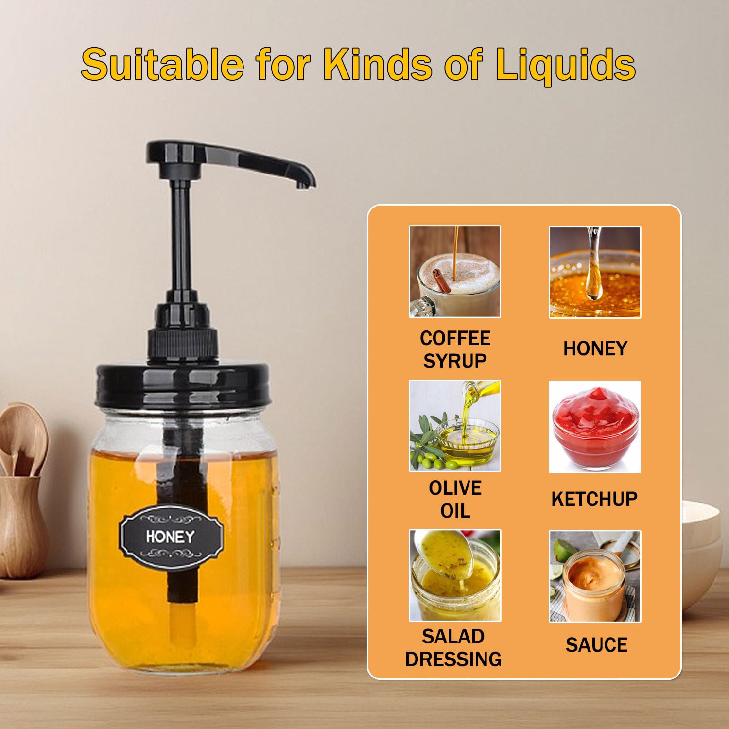 Onsogi black pump lids for mason jars, stylish and space-saving on countertops.