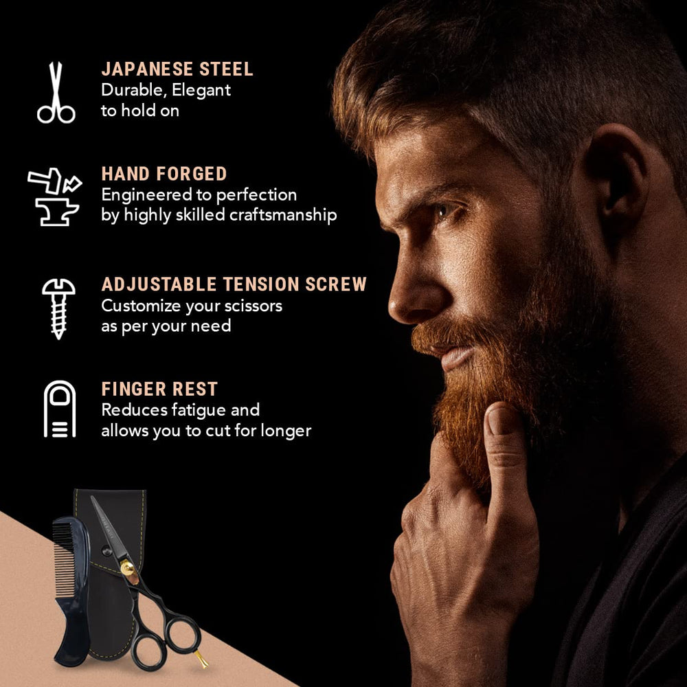 ONTAKI beard scissors featuring adjustable tension screw for consistent cuts
