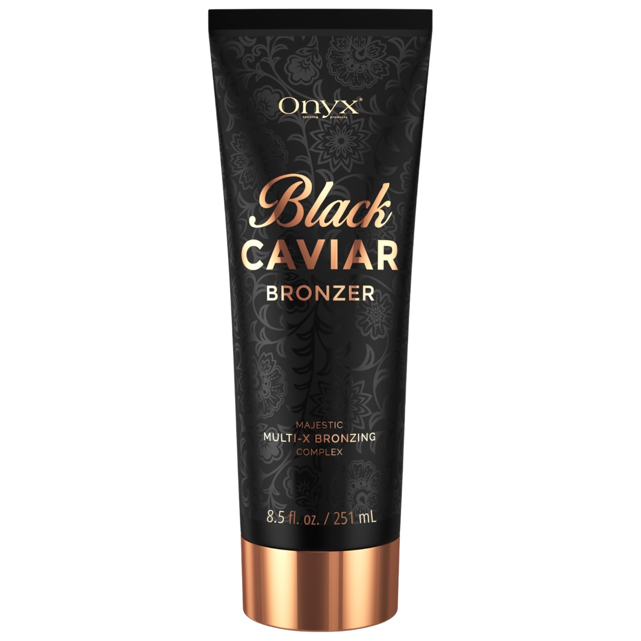 Onyx Black Caviar tanning lotion bottle shows ultra-dark bronzer for a deeper tan