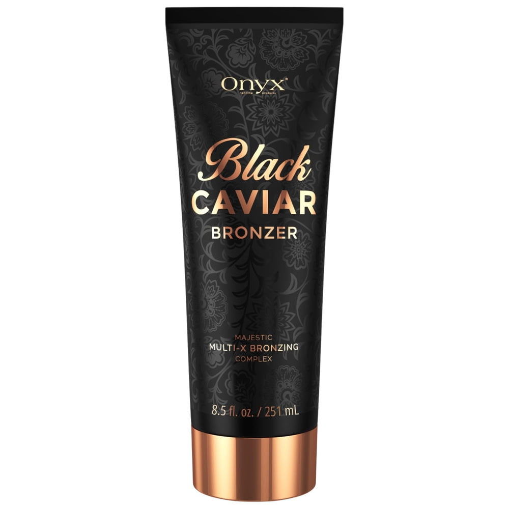 Onyx Black Caviar tanning lotion bottle shows ultra-dark bronzer for a deeper tan