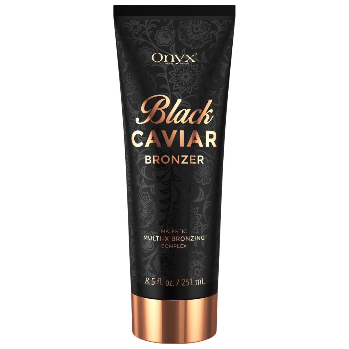 Onyx Black Caviar tanning lotion bottle shows ultra-dark bronzer for a deeper tan