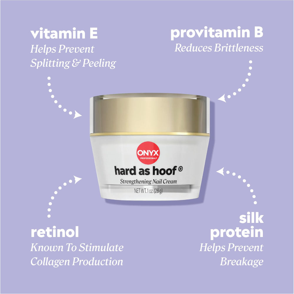 Onyx Professional Hard as Hoof, ingredientes clave calcio y jojoba para uñas sanas.