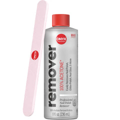 Este removedor Onyx Professional de acetona pura quita esmalte con facilidad.