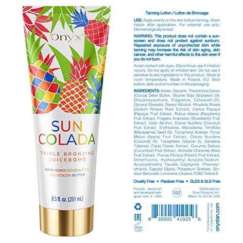 Onyx Suncolada bottle side view showing compact packaging and easy-to-use bronzer