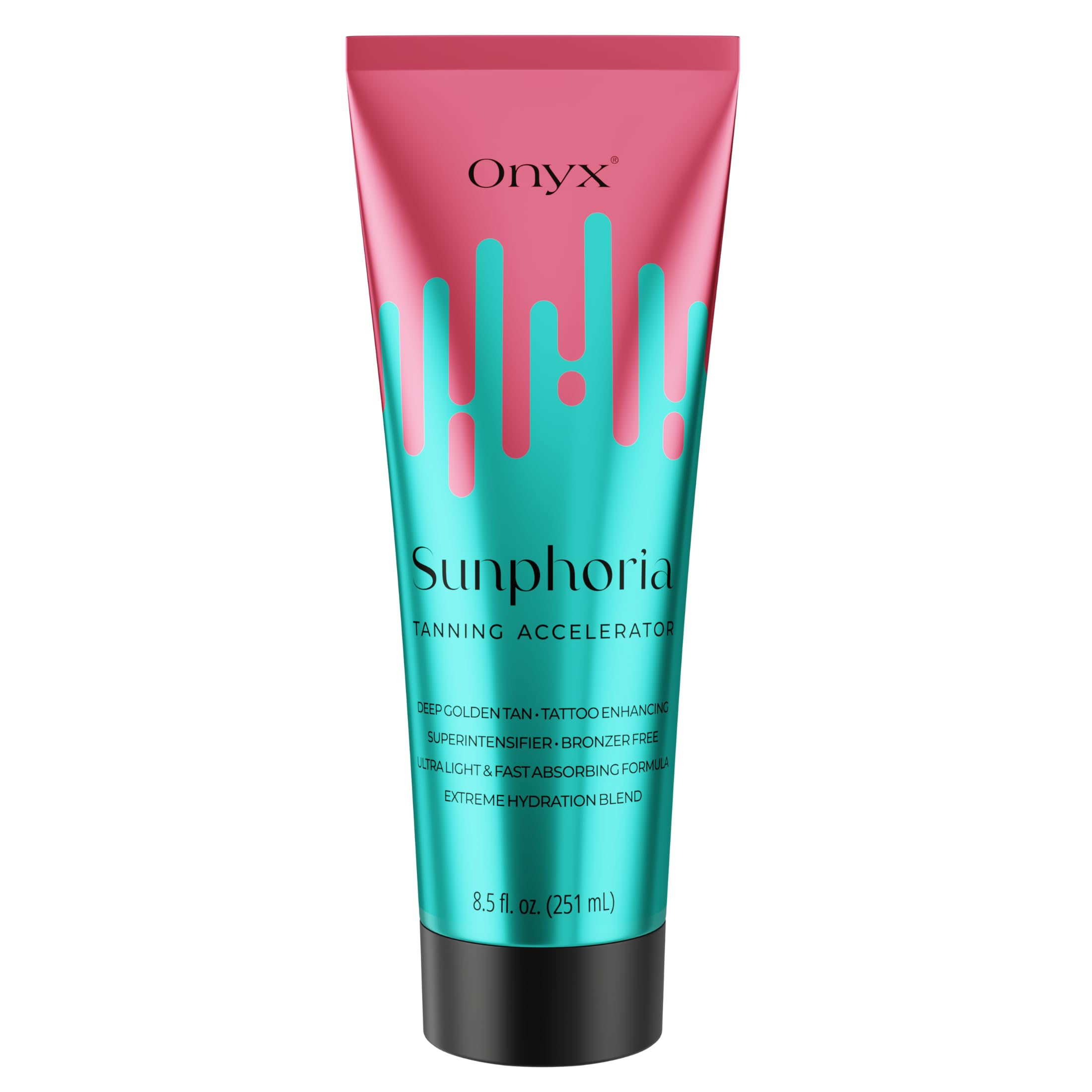 Onyx Sunphoria bronzer-free lotion bottle shown, delivering a natural tan without bronzers.