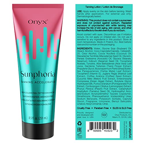Onyx Sunphoria lotion pump in use, promotes smooth, even absorption for a deeper tan.