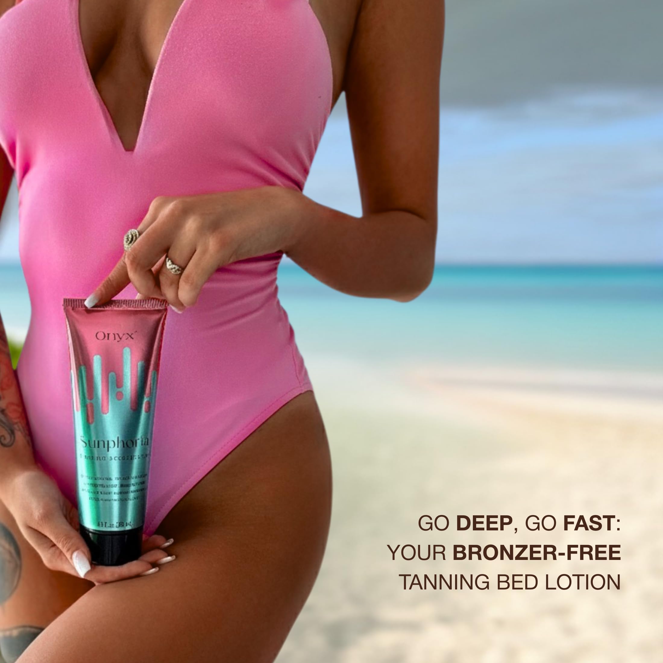 Onyx Sunphoria close-up texture, quick-absorbing formula for comfortable tanning sessions.