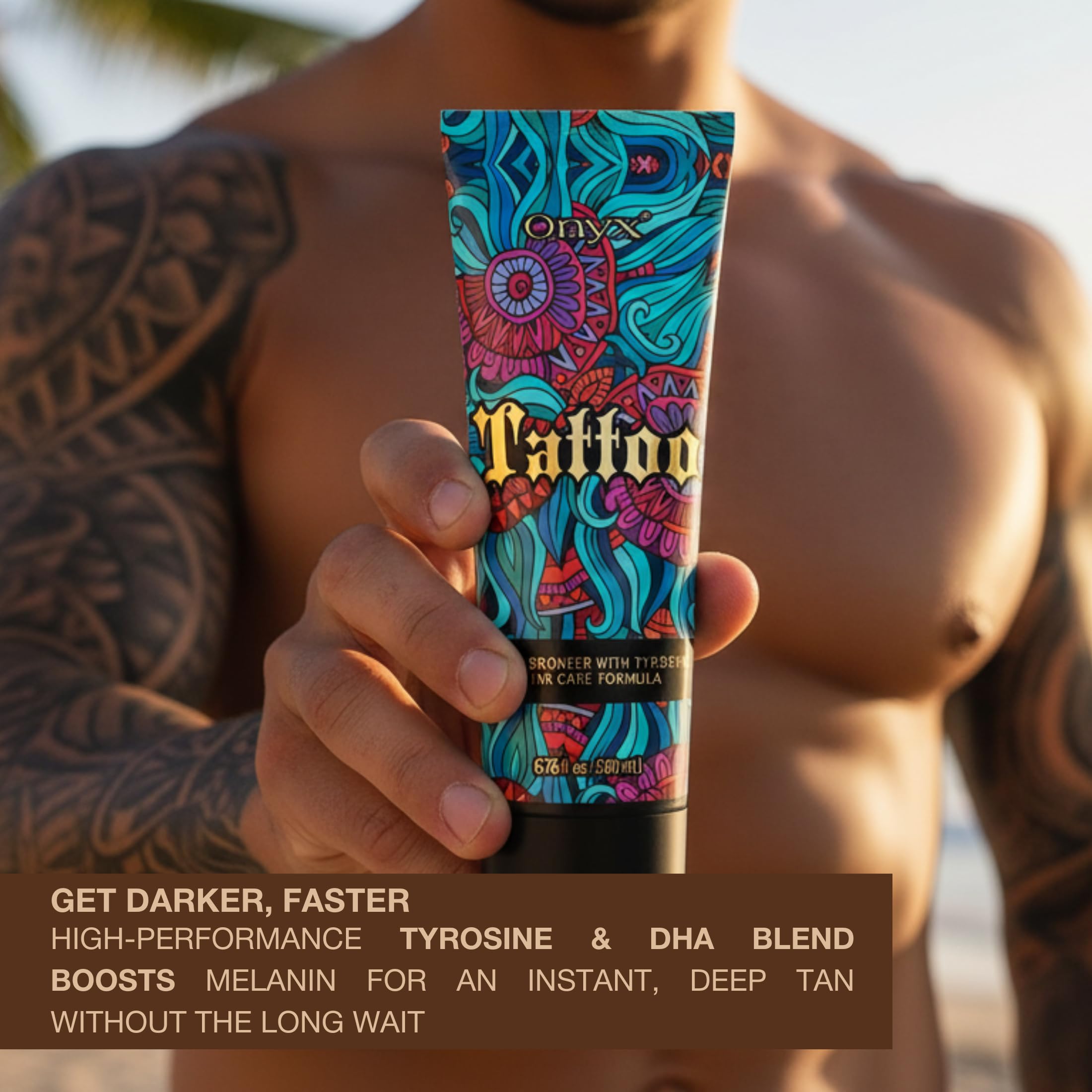 Onyx Tattoo Safe Tanning Lotion with aloe peach oil nourishes dry skin.