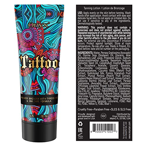 Onyx Tattoo Safe Tanning Lotion close-up highlights color enhancement for ink.