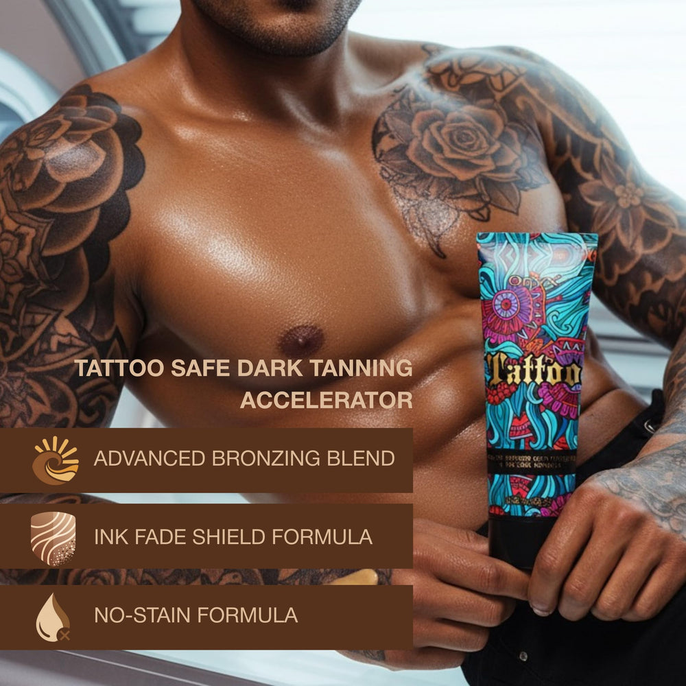 Onyx Tattoo Safe Tanning Lotion packaging emphasizes UV fade shield.