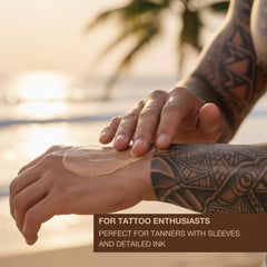 Onyx Tattoo Safe Tanning Lotion bottle on skin demonstrates hydrating formula.