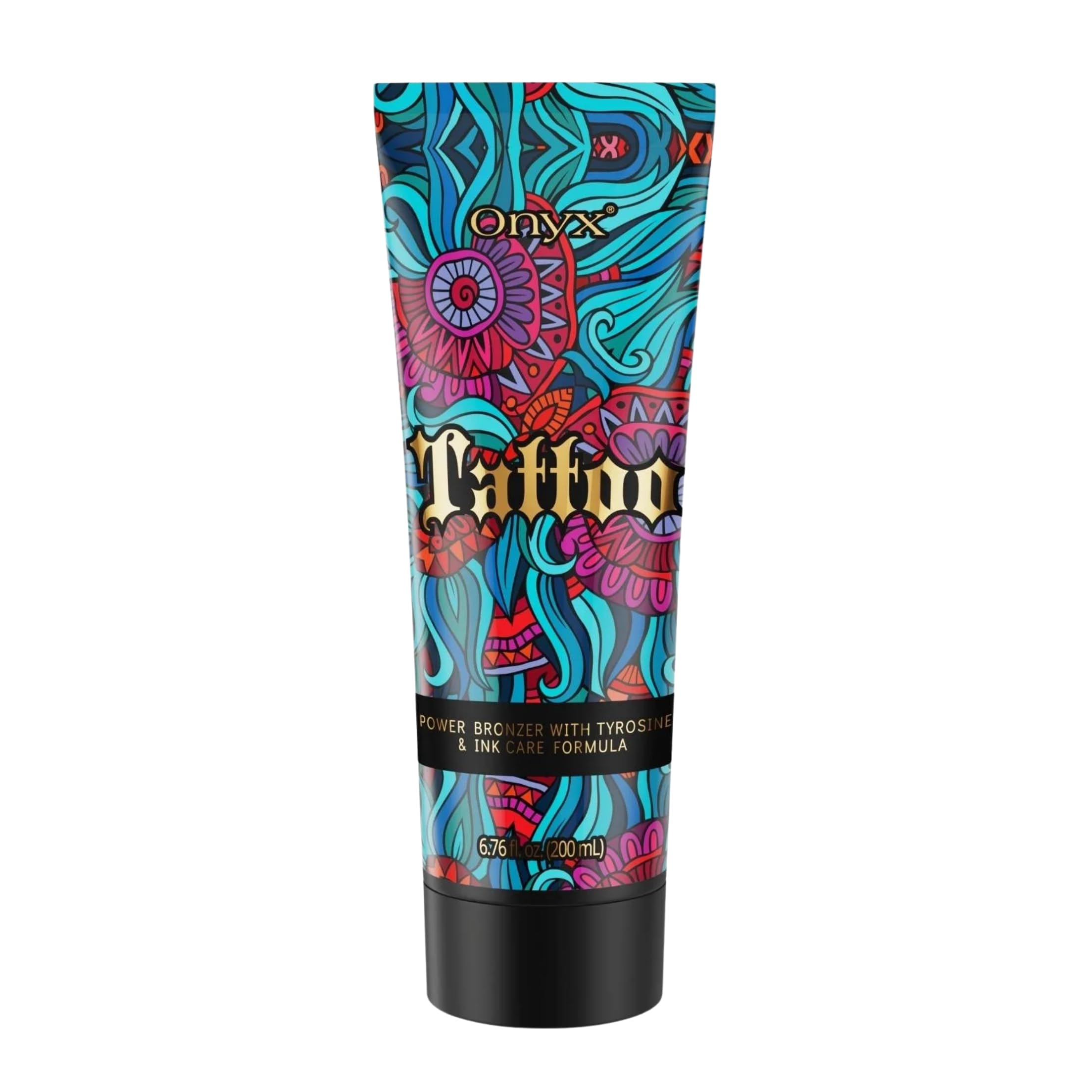 Onyx Tattoo Safe Tanning Lotion bottle shows fade protection for tattoo ink.