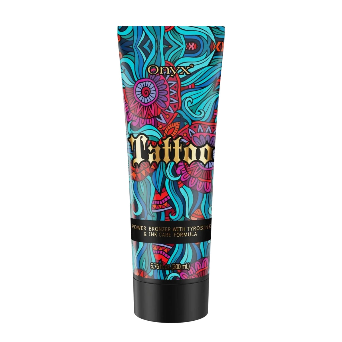 Onyx Tattoo Safe Tanning Lotion bottle shows fade protection for tattoo ink.