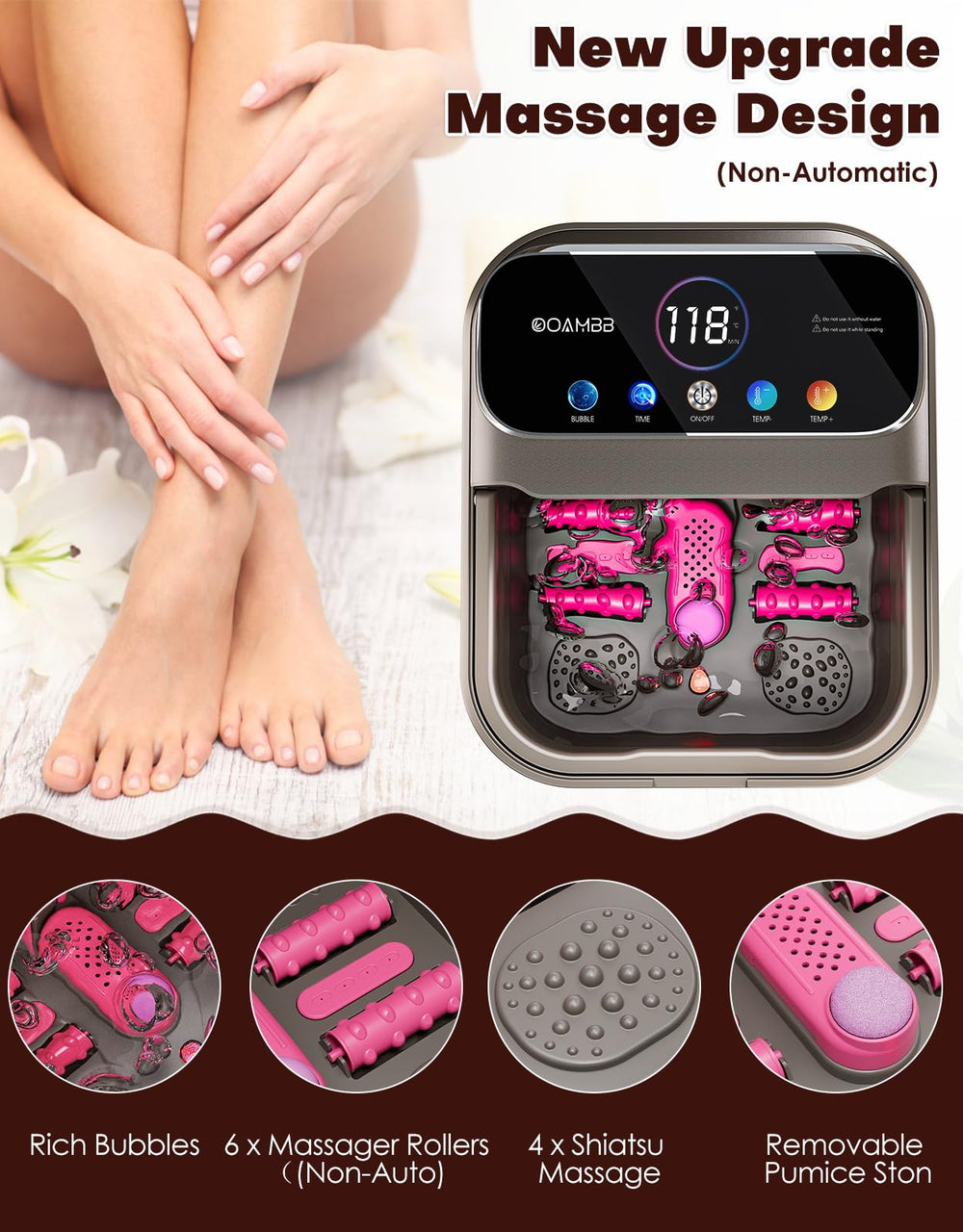OOAMBB foot spa temperature display provides real-time soak temperature