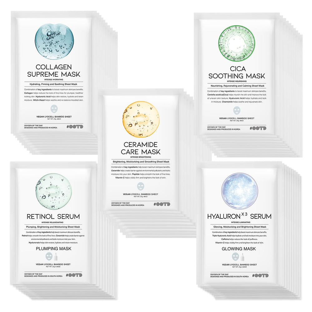OOTD 50Combo mask pack on display, highlighting hydration and calm benefits.