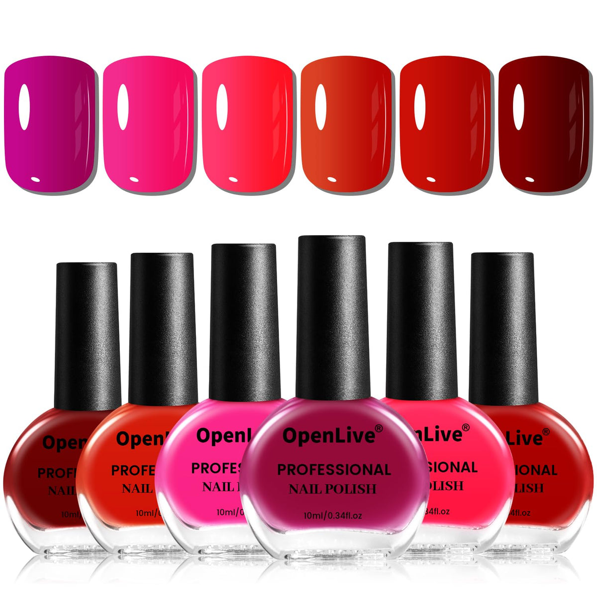 OpenLive collection of six rose red nail polishes for versatile manicures.