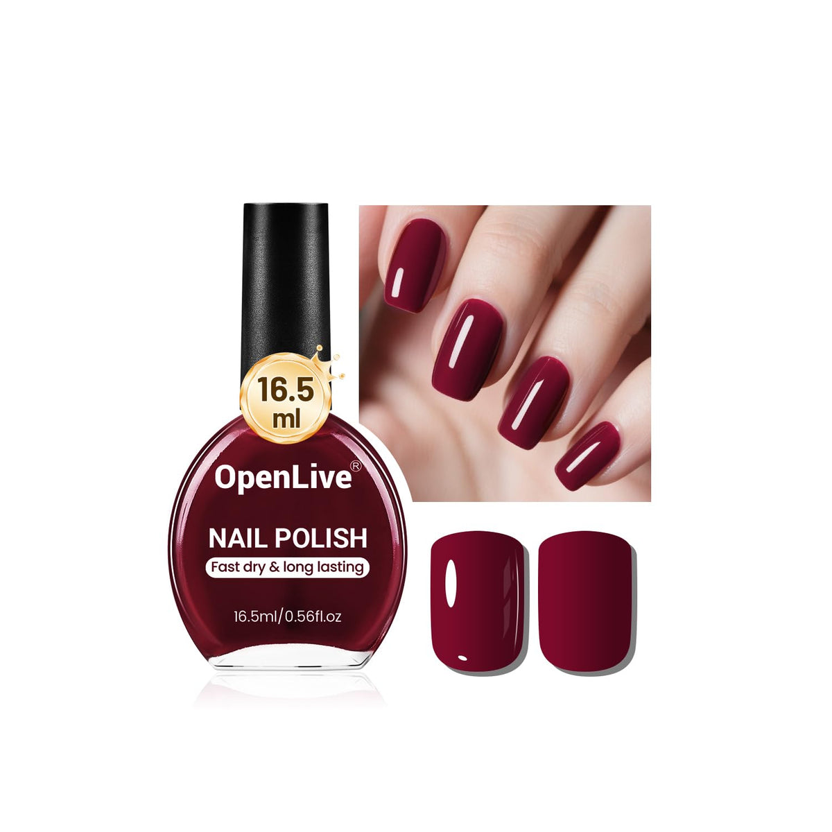 OpenLive dark red nail polish bottle with quick-dry finish for chic home manicures