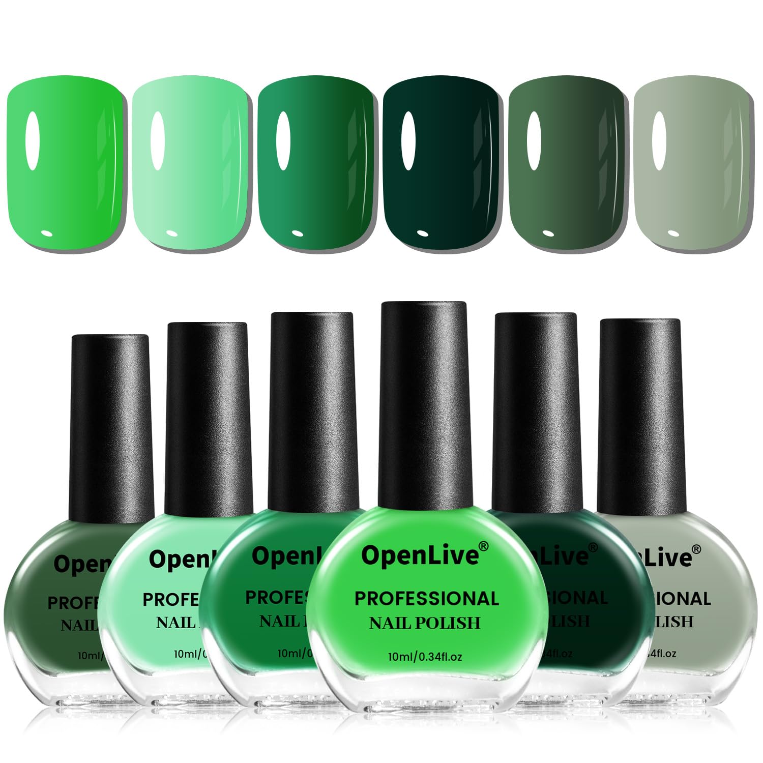 OpenLive Green Nail Polish 6pc set palette showcasing versatile neutrals for every season.