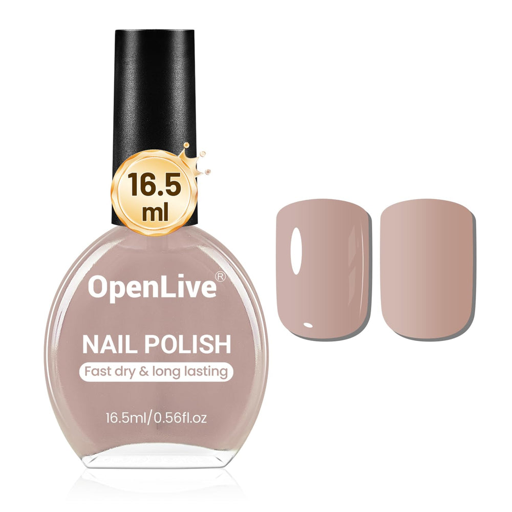 OpenLive light brown nail polish bottle shows a calm grayish shade for versatile manicure.