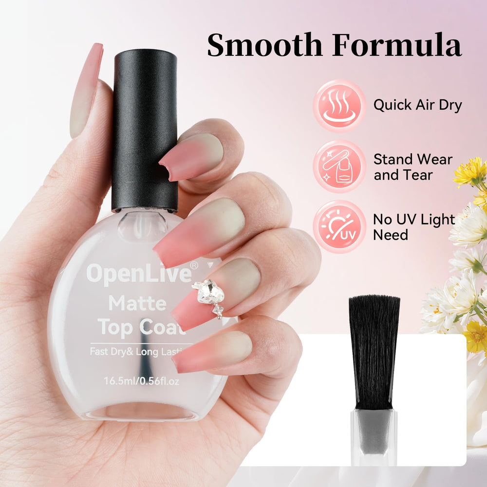 OpenLive Matte Top Coat applied on nails for quick matte transformation.