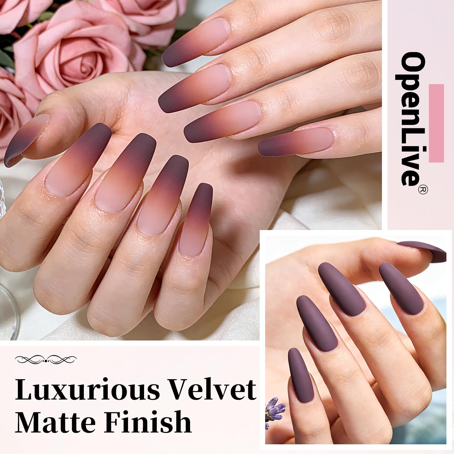 OpenLive Matte Top Coat demonstrates a soft velvet matte finish on nails.