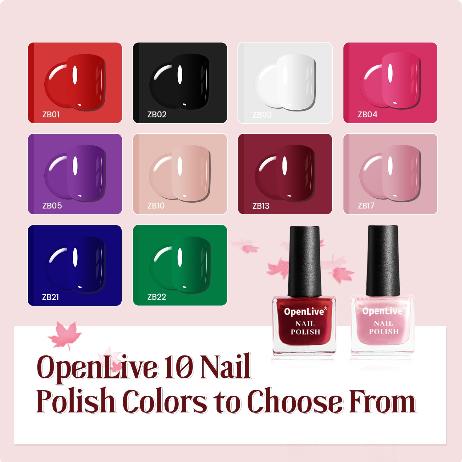 OpenLive nail polish swatches illustrating color range and coverage on a tester board