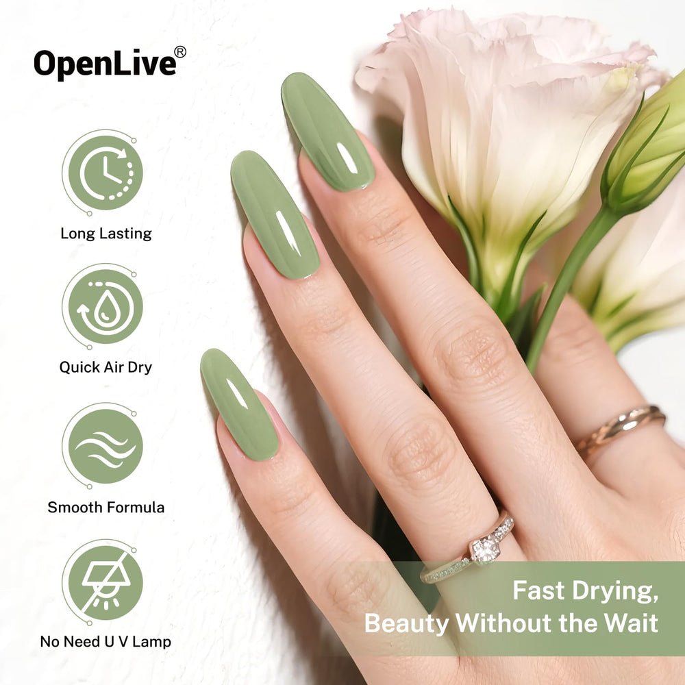 OpenLive sage green polish used as base for nail art.