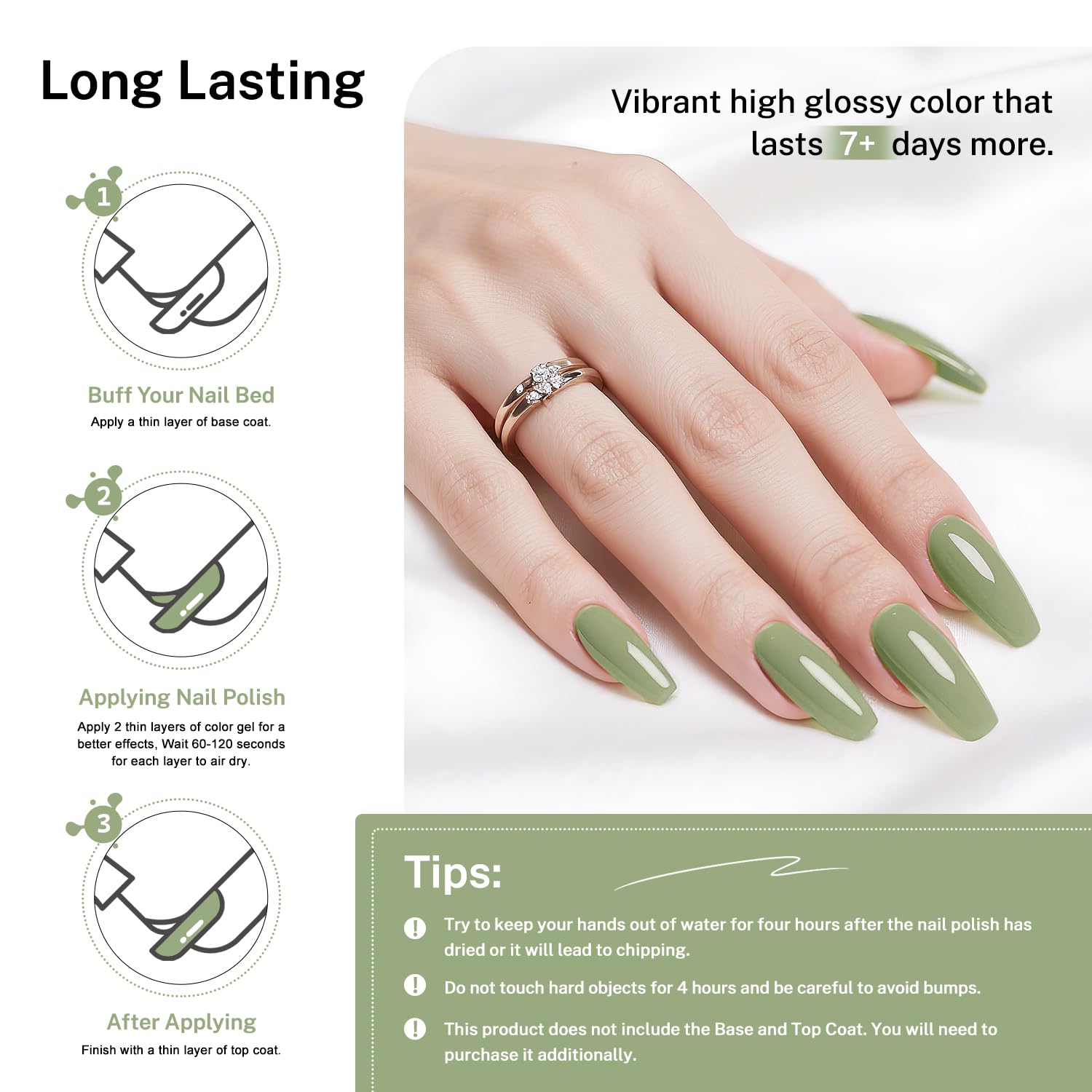OpenLive sage green nails after quick-dry application and shine.