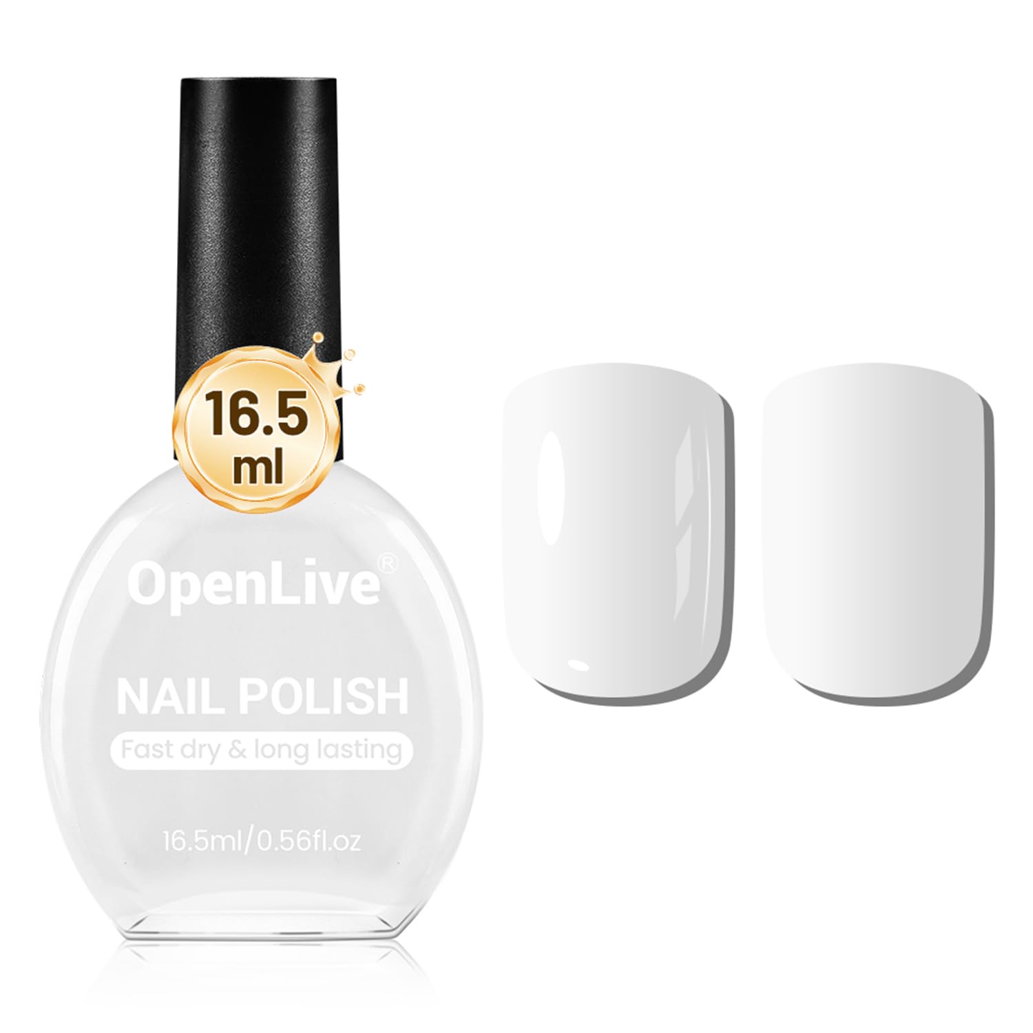 OpenLive white nail polish bottle showing 16.5ml capacity and enduring color.