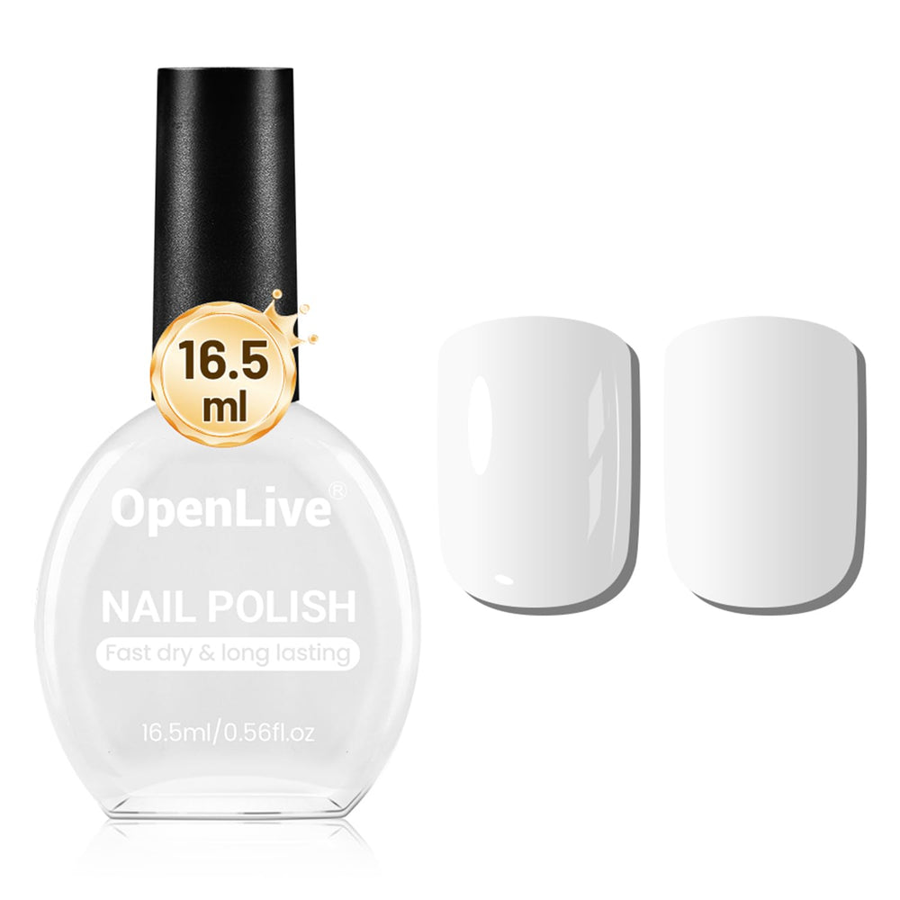 OpenLive white nail polish bottle showing 16.5ml capacity and enduring color.