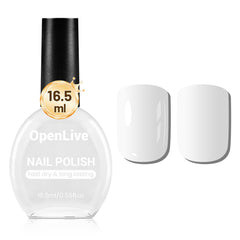 OpenLive white nail polish bottle showing 16.5ml capacity and enduring color.