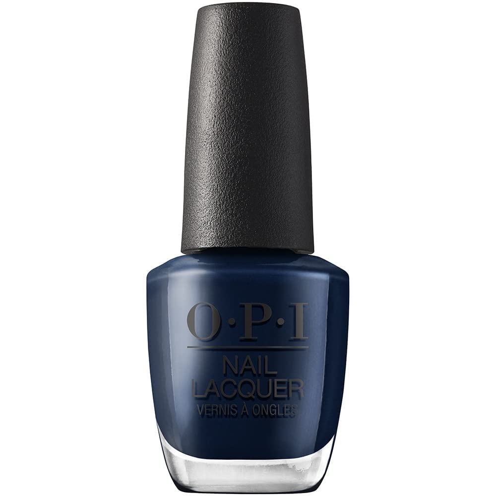 OPI Midnight Mantra, botella de esmalte azul marino crema, acabado duradero.