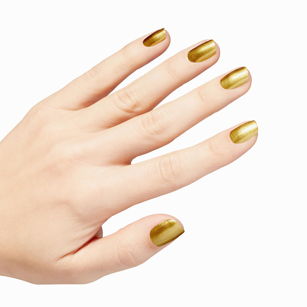 OPI Esmalte Metálico Dorado Rewind: brillo intenso, ideal para eventos.