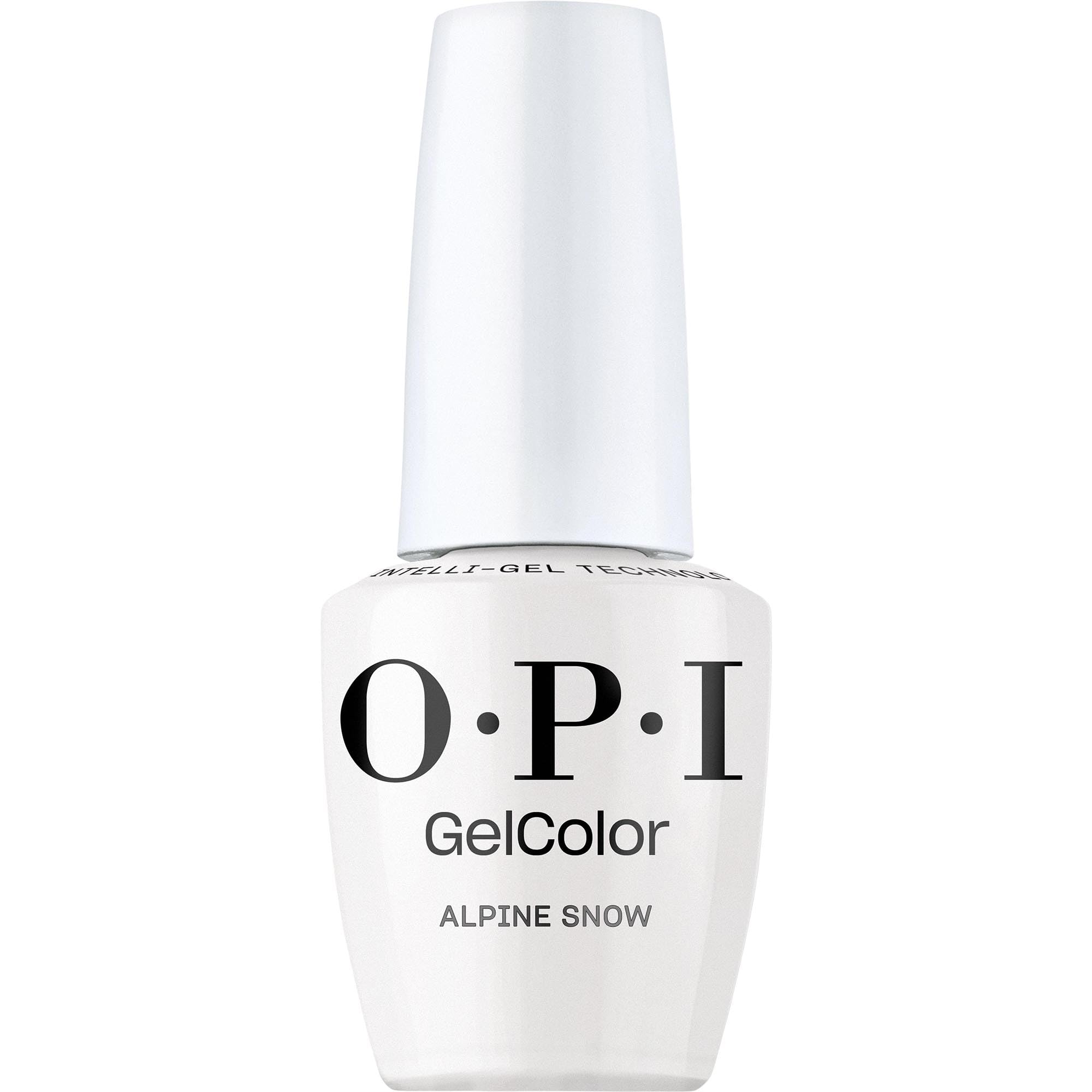 OPI GelColor Alpine Snow bottle shot shows a crisp, glossy white finish for salon nails.