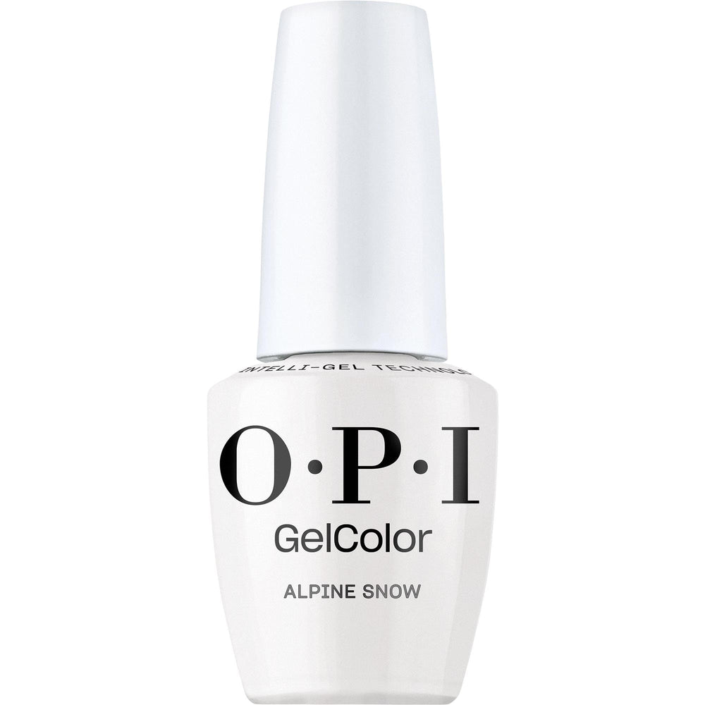 OPI GelColor Alpine Snow bottle shot shows a crisp, glossy white finish for salon nails.