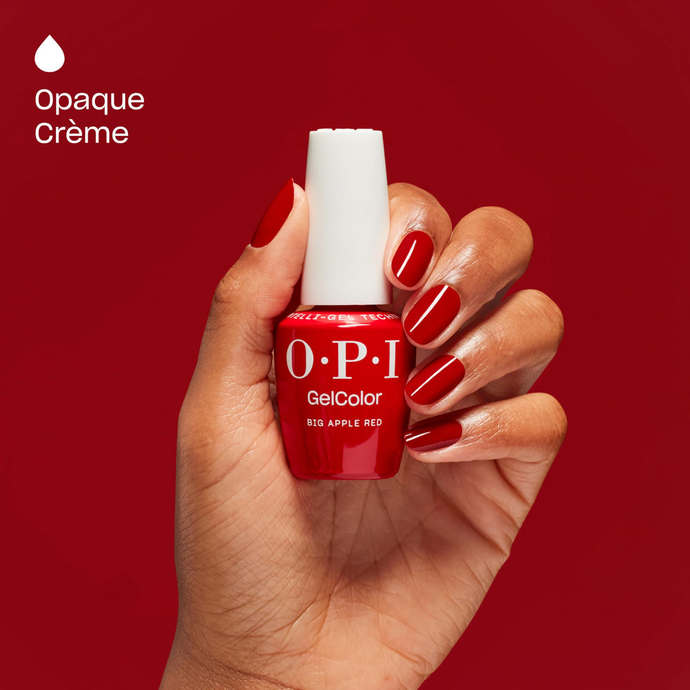 OPI GelColor Big Apple Red nails under LED lamp cure quickly and evenly.