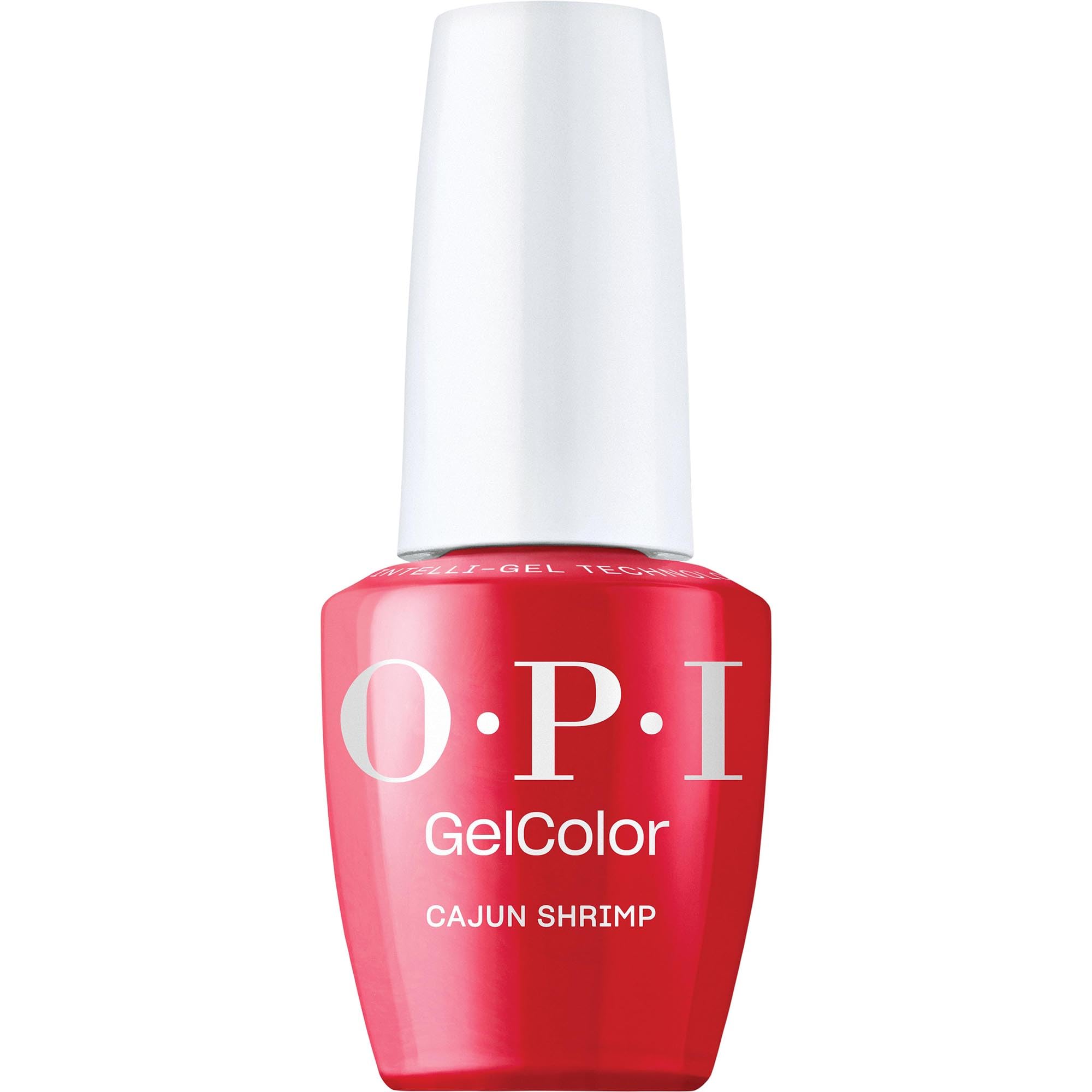 OPI GelColor Cajun Shrimp bottle shows vibrant coral red color