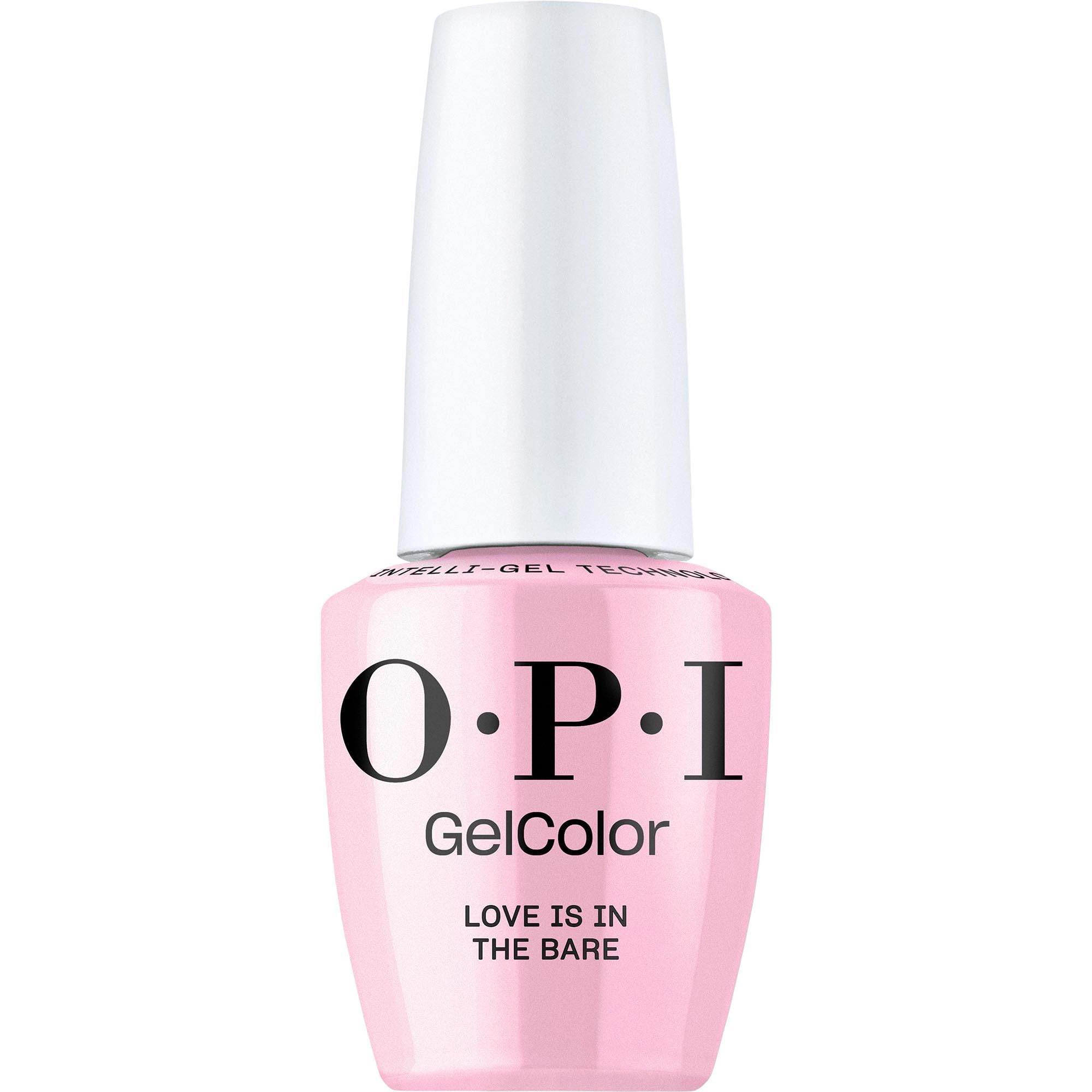 OPI GelColor Love is in the Bare bottle closeup; sheer pink shade for natural nails.