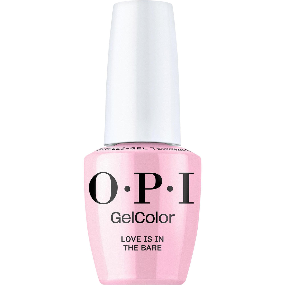 OPI GelColor Love is in the Bare bottle closeup; sheer pink shade for natural nails.