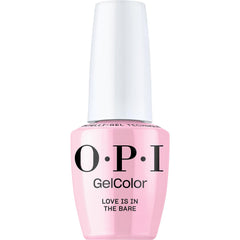 OPI GelColor Love is in the Bare bottle closeup; sheer pink shade for natural nails.